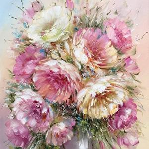 Peonies Oil Painting Original Floral Still Life Painting Mauve Peony on Canvas Painting Bouquet of Flowers in Vase Painting Flower Art Gift