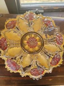 Antique Goofus Glass 8" Plate Carnation Flower Design Red Gold