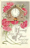 c1910 Embossed New Year Postcard; Cuckoo Clock & Pink Carnation Flowers, Used