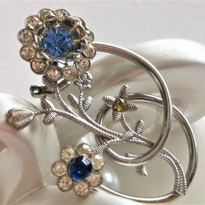 Silver Flower Brooch, Blue Clear Rhinestone Pin, Blue Silver Floral Brooch, Rose Sprig Pin, 60s Blue Yellow Flower Brooch, Bouquet Jewelry