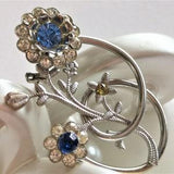 Silver Flower Brooch, Blue Clear Rhinestone Pin, Blue Silver Floral Brooch, Rose Sprig Pin, 60s Blue Yellow Flower Brooch, Bouquet Jewelry