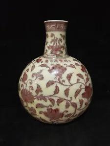 13" Antique Porcelain Ming dynasty xuande mark Underglaze red peony flower Vase