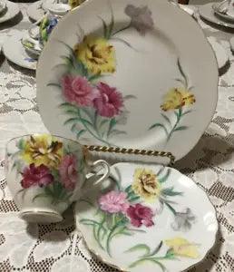 Vintage Kasuga Birthday Flower January Carnation Cake Plate Cup and Saucer Set