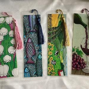 Lily of Valley, Fish, Cows & Farming, Wine Bookmarks Original Art with Tassel Laminated Handmade