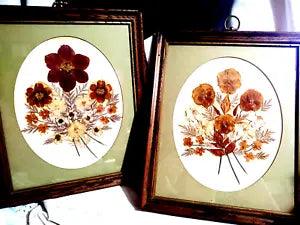 2 Wood Framed VTG Oval Matted Pressed Dried Flowers Autumn Colors MCM