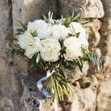 Mediterranean Artificial Silk Real Touch White Peony Olive Eucalyptus Bouquet - Bridal Wedding Bouquet- Flower Arrangement