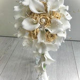 Bride gold and white artificial calla lily teardrop bouquet real touch calla lilies foam roses pearls diamante brooches wedding flowers