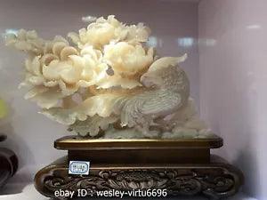 Natural Jade Handmade fung-hwang Phoenix God Bird Peony flower Art Decoration A