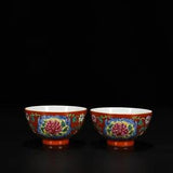 3.7" Old dynasty Porcelain yongzheng mark pair colour enamels peony flowers cup