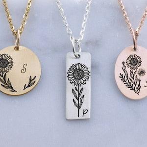 Sunflower Necklace Personalized ? Mothers Day Gift Engraved ? Custom Floral Necklace ? Sterling Silver ? Gift For Her? Gift for Mom