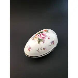 Ceramic Egg Shaped Trinket Box with Lid Flowers Peony Gold Accents READ