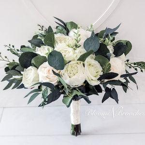 Wedding Bouquet Bridal  Bouquet, Boho Bridal Bouquet for Wedding, White Ivory Roses peony  Eucalyptus Bouquet, Wedding flowers, Silk Flower