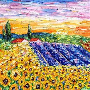 Lavender painting sunflower original art impasto oil painting Tuscany landscape meadow abstract square canvas farm rural field by Irina Jouk