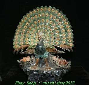 21" Old China Wucai Porcelain Fengshui Peacock Peahen Peony Flower Animal Statue