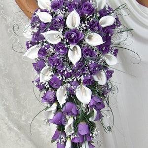PURPLE CASCADE silk flowers babies breath roses calla lilies ivy bouquets bow ribbon satin stephanotis, pearls, blossoms, rosebuds, diamond