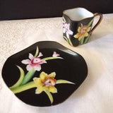 Vtg Ardalt Handpainted Porcelain Demitasse Cup & Saucer; Yellow and Pink Orchids, Black Background, 22K Gold Handle, Accents, Japan, 1960s
