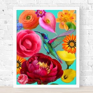 Vibrant Colors Unique Botanical Bouquet Art Print, Bright Coloured Floral & Bird Wall Art, Maximalist 8 x10 Wall Art Prints for Framing