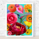 Vibrant Colors Unique Botanical Bouquet Art Print, Bright Coloured Floral & Bird Wall Art, Maximalist 8 x10 Wall Art Prints for Framing