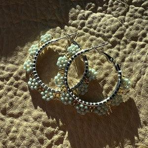 Small Blue White Gold Floral Flower Beaded Silver Plated Hoop Earrings