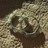Small Blue White Gold Floral Flower Beaded Silver Plated Hoop Earrings