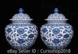 16" Ming Xuande Chinese Blue White Porcelain Peony Flower Cover Jar Pot Pair