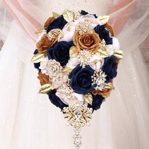 Cascade wedding bouquet. Navy blue and gold. Silk flowers bridal bouquet. The faux flowers quinceanera bouquet.