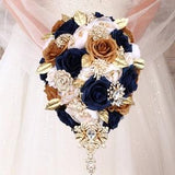 Cascade wedding bouquet. Navy blue and gold. Silk flowers bridal bouquet. The faux flowers quinceanera bouquet.