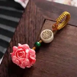 Ethnic Natural Bodhi Lotus Peony Flower Keychain Classical Handmade Stone