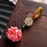 Ethnic Natural Bodhi Lotus Peony Flower Keychain Classical Handmade Stone