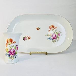 Kahla Matching Set | Vase & Platter | Flower Bouquet | Roses, Tulips Floral | Spring Easter Decor | Made in German Democratic Republic GDR