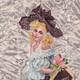 Superb embossed vintage postcard - Edwardian Era 1900-10s graphism girl love blue dress fashion hat / bouquet of roses - graphics ephemera