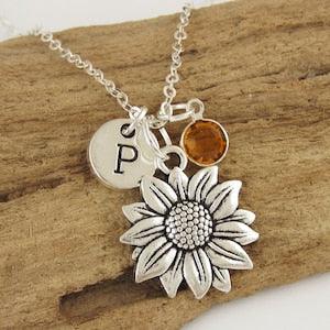 Personalized Sunflower Necklace - Sun Flower Necklace - Antique Silver Jewelry - Monogram Initial and Birthstone