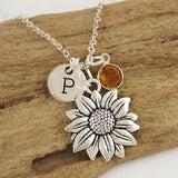 Personalized Sunflower Necklace - Sun Flower Necklace - Antique Silver Jewelry - Monogram Initial and Birthstone