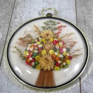 Vintage Dried Flower Boutique Framed In Round Dome Wall Hanging