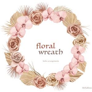 Boho Floral Wreath, Watercolor Roses, Pink Orchids, Wedding Clipart, Dried Leaves, Flowers Wreath, Tropical Rose, Palm Leaves Floral Wreath