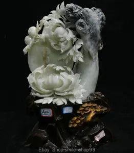 16" Chinese Natural Xiu Green Jade Carving Peony Flower Bird Wood Base Statue