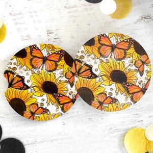 Sunflower Neoprene Car Coasters-Set of Two, Sunflower Car Coasters, Striped Car Coasters, Coffee Coasters, Drink Coasters, Butterfly Coaster