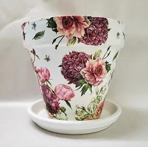 Made to Order,Handmade Decoupage Indoor Terra Cotta Flowerpot, Blush Peony 8.25"