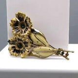 Vintage Peony Flower Brooch with Green Crystal Center, Black