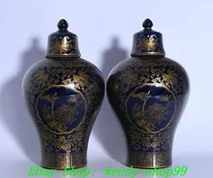 9" Qianlong Marked Blue Glaze Porcelain Gilt Peony Flower Bird Bottle Vase Pair