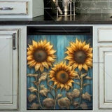 Dishwasher Cover Magnet Kitchen Decor - Blooming Sunflowers on Wood Pattern #md871