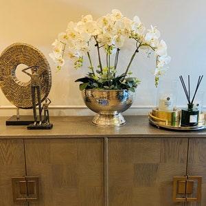ROYAL PLAZA PARIS -Luxury Arrangement Silk Orchid in Champagne Bowl - Artificial Eucalyptus - Large stainless steel - Silver