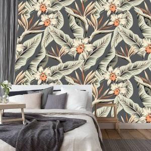 Tropical strelitzia, orchid flowers, banana palm leaves, gray background, wallpaper | self-adhesive, removable, peel and stick wall mural