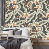 Tropical strelitzia, orchid flowers, banana palm leaves, gray background, wallpaper | self-adhesive, removable, peel and stick wall mural