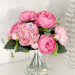 White or Pink Rose Peony Arrangement, Artificial Faux Centerpiece, Silk Flowers in Glass Vase for Home Decor Designed by Blue Paris Flowers