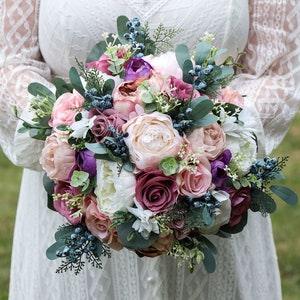 Spring Wedding Bouquet Mauve Dusty Rose Purples Navy, Bridal Bouquet Artificial, Silk Wedding Bouquet Peonies Garden Roses Roses Berries
