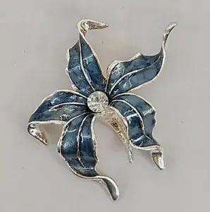 Flower Brooch Vtg Ruffled Lily Teal Enamel Silver Tone Rhinestone Center Pin 2"