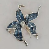 Flower Brooch Vtg Ruffled Lily Teal Enamel Silver Tone Rhinestone Center Pin 2"