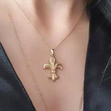 14K Gold Fleur De Lis Necklace, Satellite Pendant, Lily Flower Jewelry Gift Her