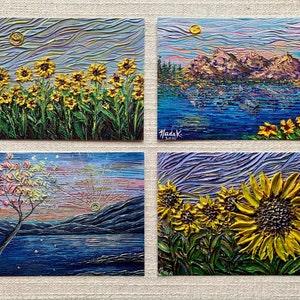 SET OF 4 PRINTS - Flowing Peacefully | Nature Colorful Modern Artwork | Landscape, Sunflowers | Stationary, Postcards, Wall Art, Prints